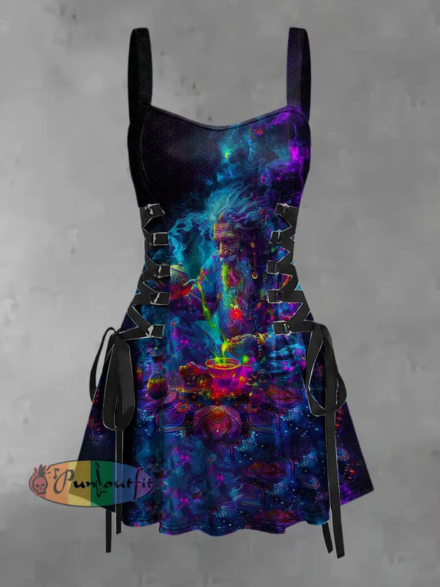 Women’s Retro Mythical Magic Colourful Print Strappy Sleeveless Strappy Mini Dress Blue / S