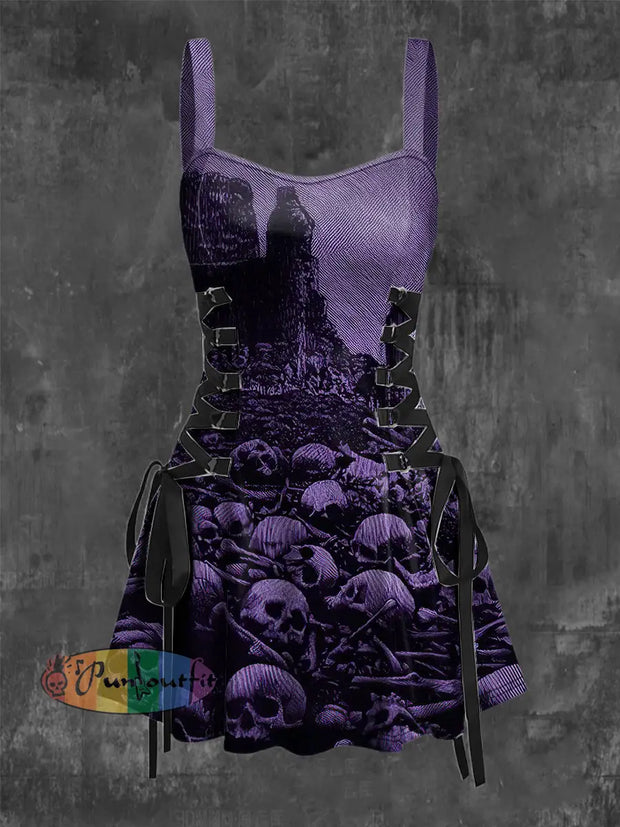 Women’s Retro Punk Dark Skull War Castle Print Strappy Sleeveless Mini Dress Purple / S