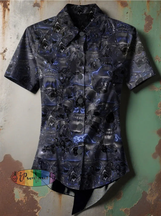 Women’s Retro Punk Gothic Gradient Skull Lightning Printed Casual Short Sleeve Irregular Shirt Gray / S