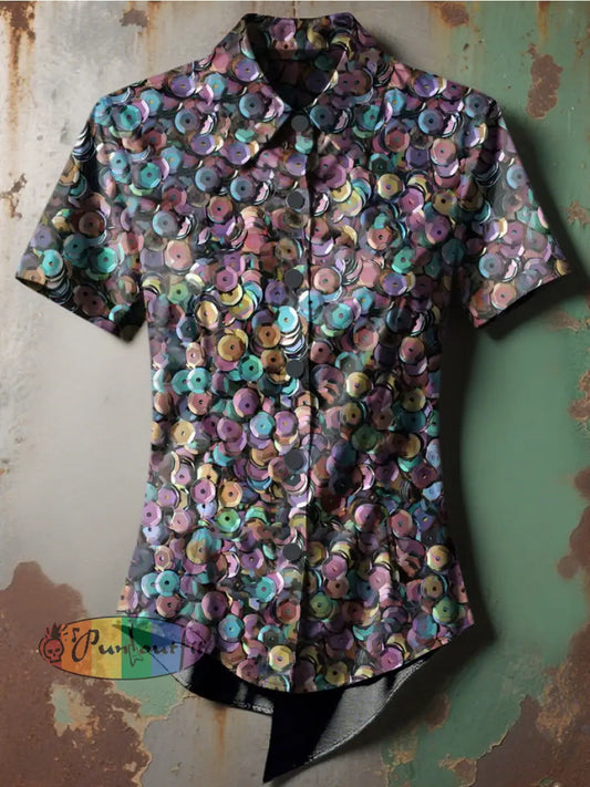 Women’s Retro Punk Gothic Multicolor Sequins Printed Casual Short Sleeve Irregular Shirt As picture / S