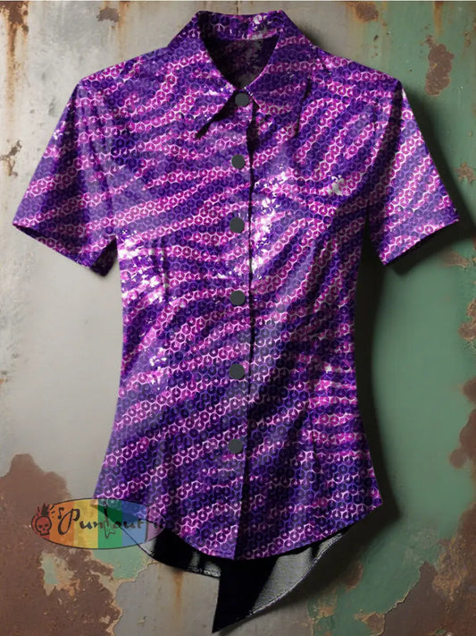 Women’s Retro Punk Gothic Multicolor Sequins Printed Casual Short Sleeve Irregular Shirt Purple / S