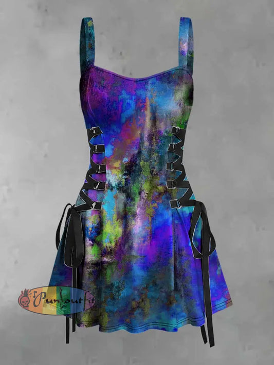 Women’s Retro Punk Gothic Multicolor Watercolor Print Strappy Sleeveless Strappy Mini Dress Blue / S
