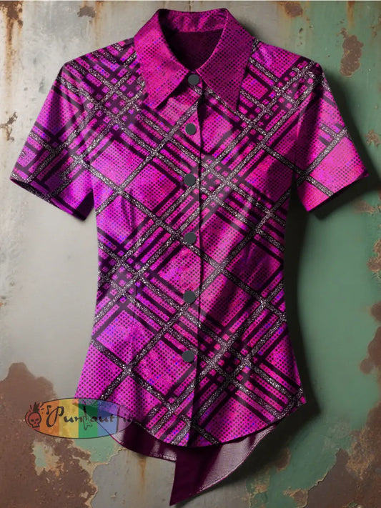 Women’s Retro Punk Gothic Plaid Sequins Printed Casual Short Sleeve Irregular Shirt Dark Pink / S