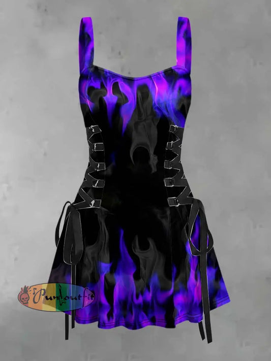 Women’s Retro Punk Gothic Purple Flame Gradient Print Strappy Sleeveless Strappy Mini Dress Purple / S