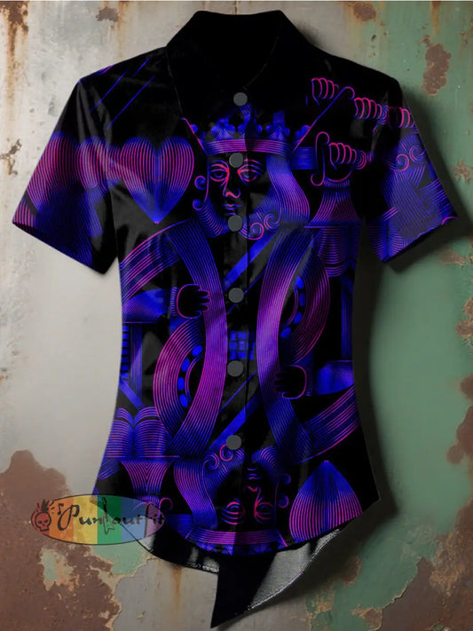 Women’s Retro Punk Gothic Stage Poker Printed Casual Short Sleeve Irregular Shirt Purple / S