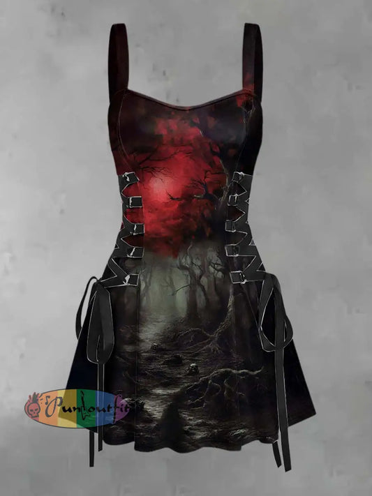 Women’s Retro Punk Halloween Bloody Skull Gradient Forest Print Strappy Sleeveless Strappy Mini Dress As picture / S