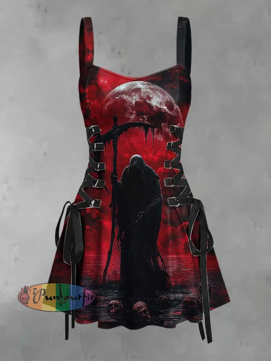 Women’s Retro Punk Halloween Bloody Skull Moon Print Strappy Sleeveless Strappy Mini Dress Red / S
