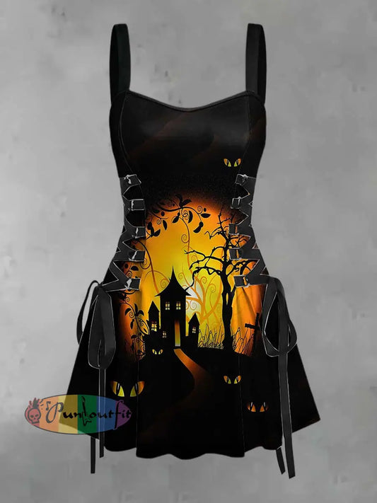Women’s Retro Punk Halloween Dark Black Cat Eyes Castle Print Strappy Sleeveless Strappy Mini Dress Black / S