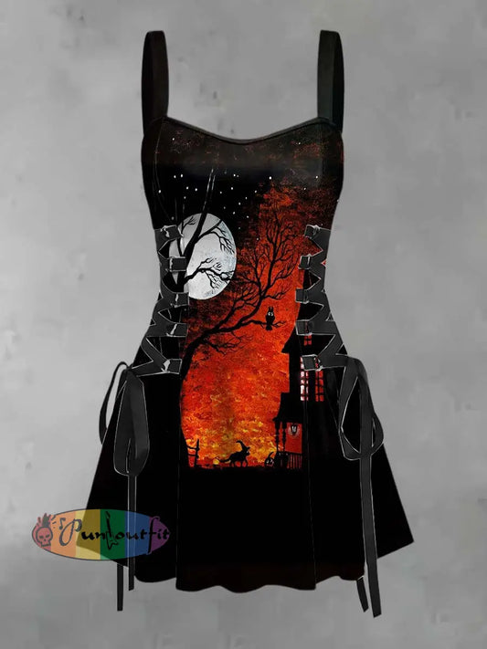 Women’s Retro Punk Halloween Forest Moon Bat Animal Print Strappy Sleeveless Strappy Mini Dress Black / S