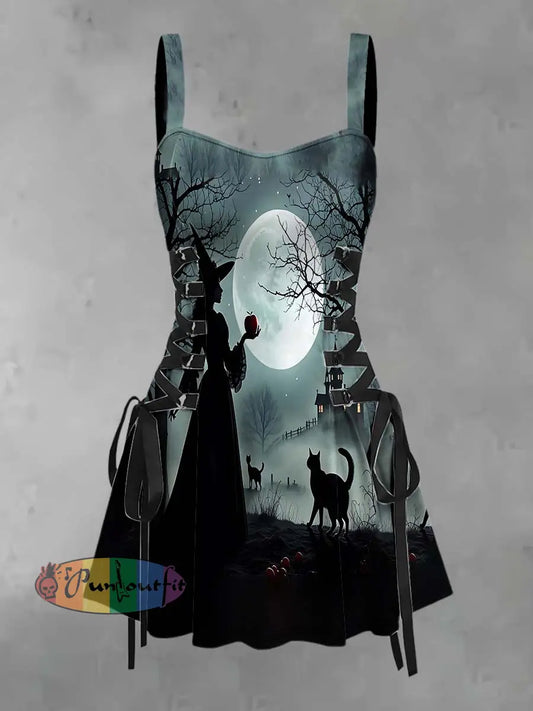 Women’s Retro Punk Halloween Witch Apple Moon Black Cat Print Strappy Sleeveless Strappy Mini Dress Gray / S