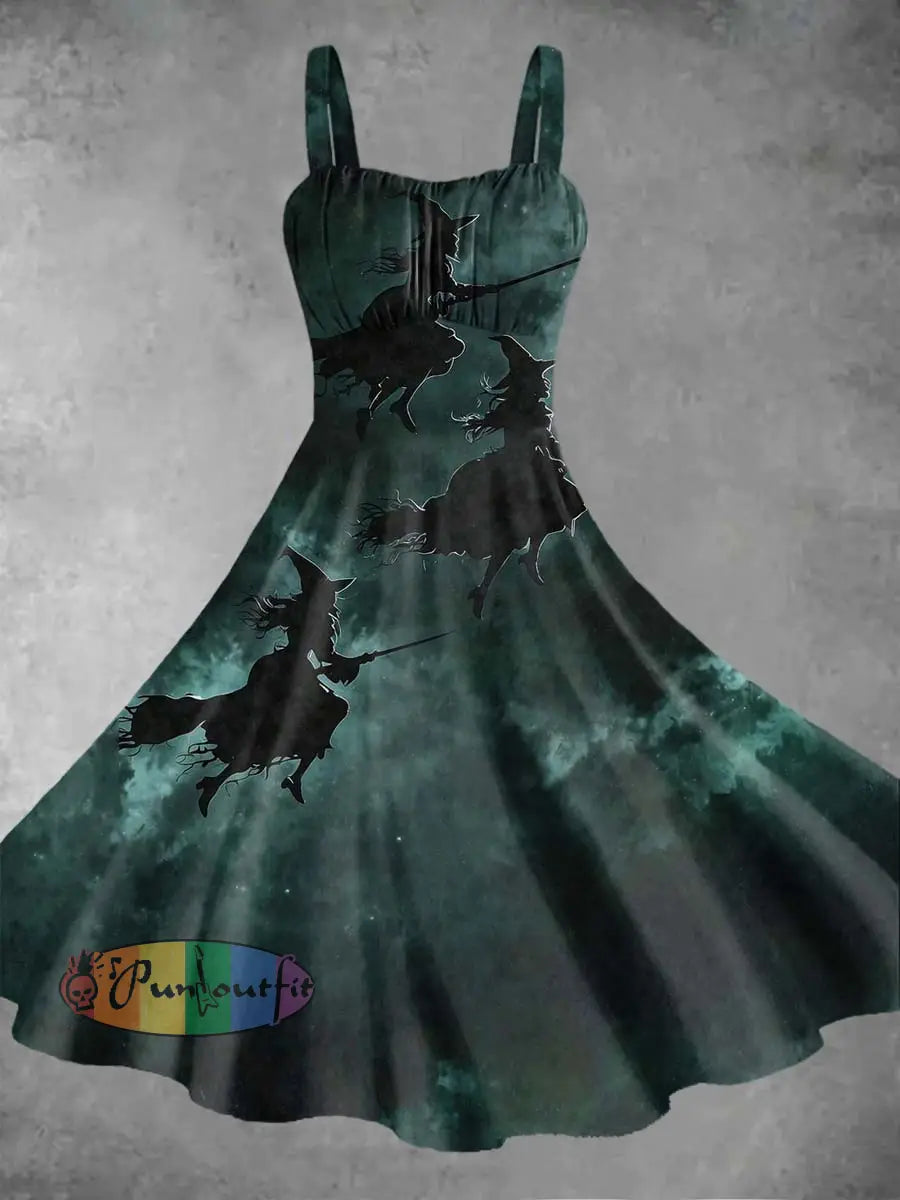 Women’s Retro Punk Halloween Witch Gradient Print Midi Dress Green / S