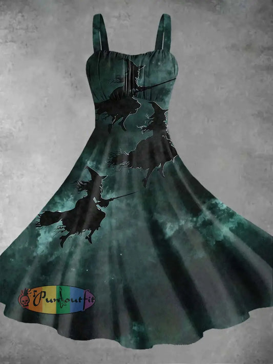 Women’s Retro Punk Halloween Witch Gradient Print Midi Dress Green / S