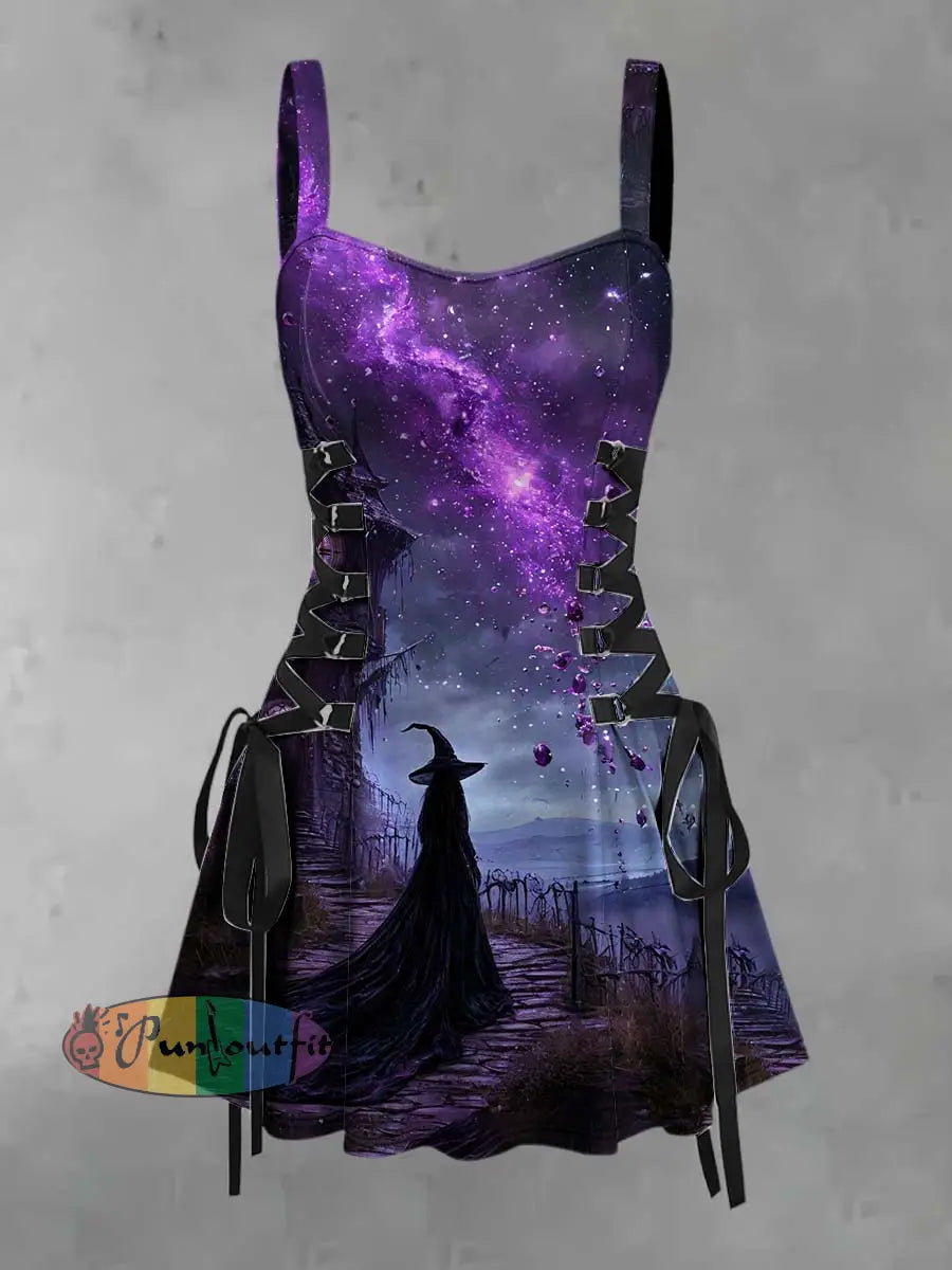 Women’s Retro Punk Halloween Witch Gradient Print Strappy Sleeveless Strappy Mini Dress Purple / S