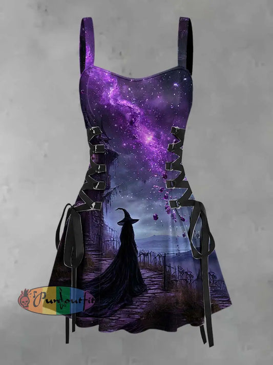 Women’s Retro Punk Halloween Witch Gradient Print Strappy Sleeveless Strappy Mini Dress Purple / S
