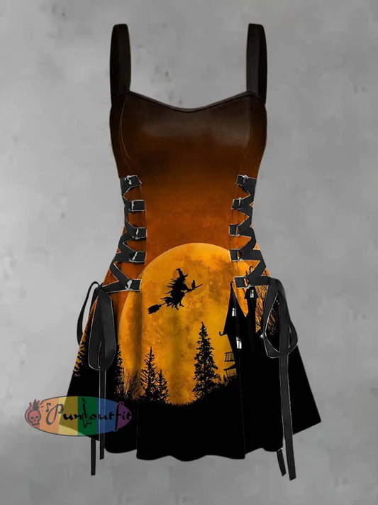Women’s Retro Punk Halloween Witch Moon Bat Print Strappy Sleeveless Strappy Mini Dress As picture / S