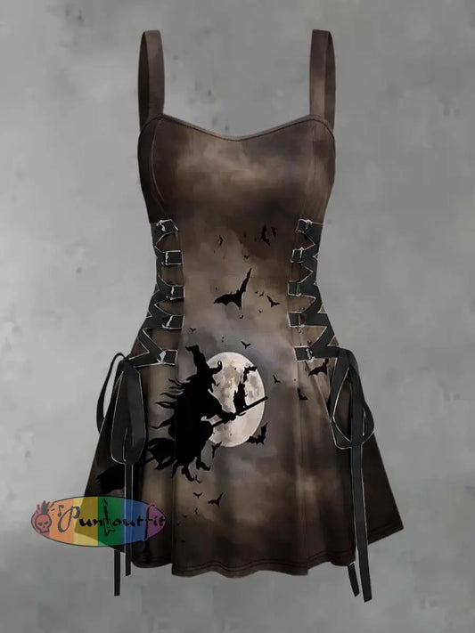 Women’s Retro Punk Halloween Witch Moon Bat Print Strappy Sleeveless Strappy Mini Dress Khaki / S