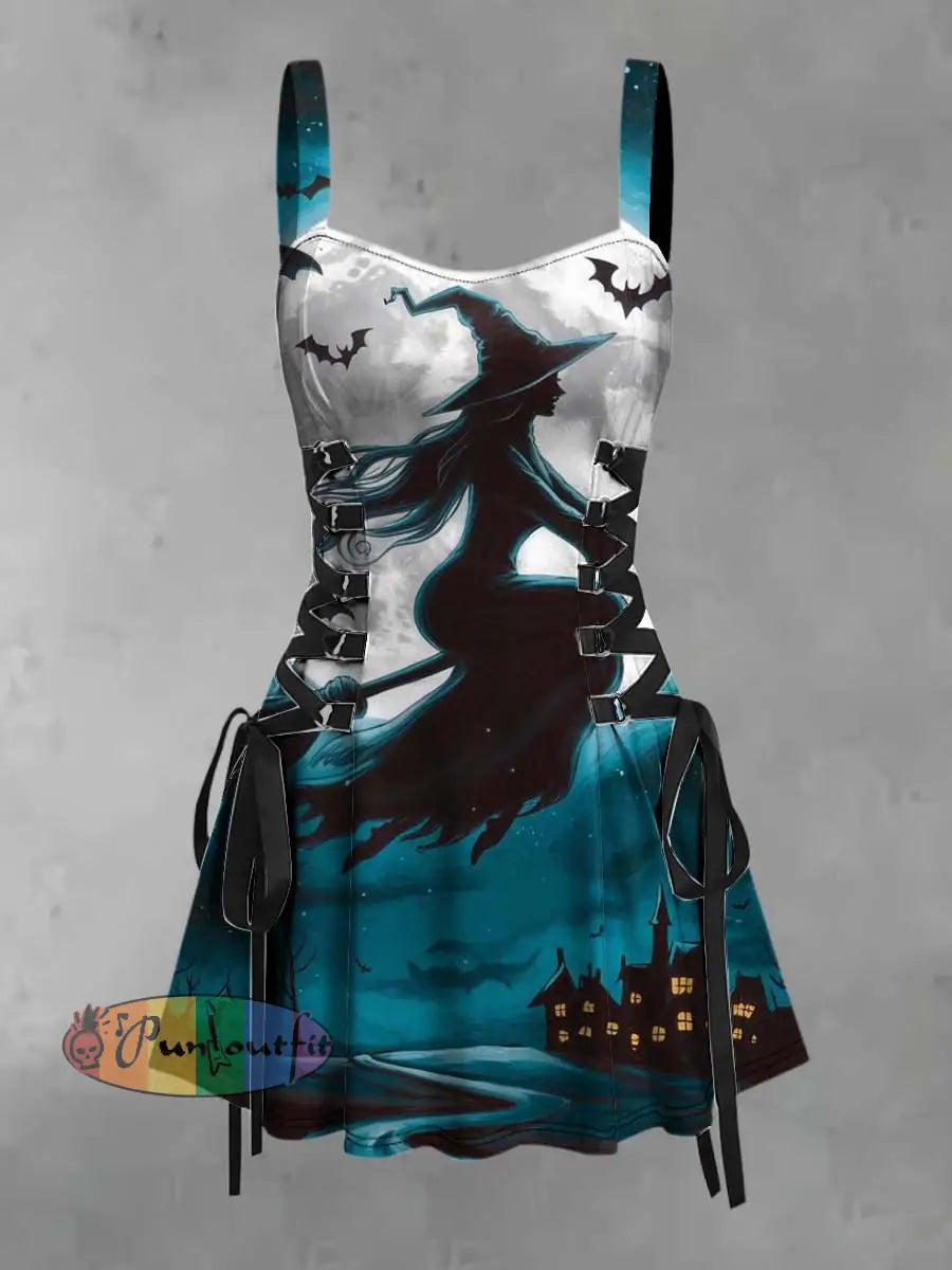 Women’s Retro Punk Halloween Witch Moon Broom Print Strappy Sleeveless Strappy Mini Dress Blue / S