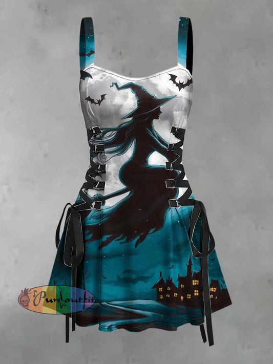 Women’s Retro Punk Halloween Witch Moon Broom Print Strappy Sleeveless Strappy Mini Dress Blue / S
