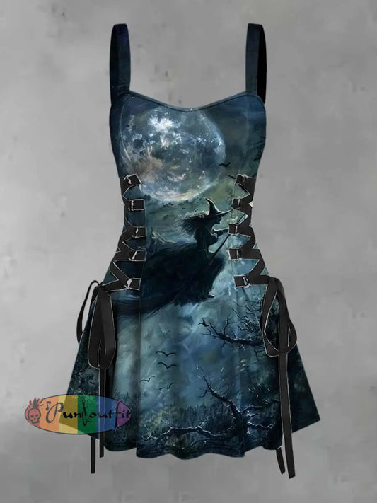 Women’s Retro Punk Halloween Witch Moon Broom Print Strappy Sleeveless Strappy Mini Dress Gray / S