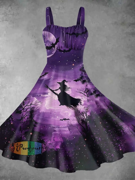 Women’s Retro Punk Halloween Witch Moon Gradient Print Midi Dress Purple / S