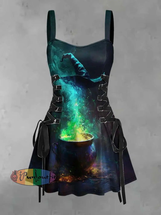 Women’s Retro Punk Halloween Witch Multicolored Potion Print Strappy Sleeveless Strappy Mini Dress Black / S