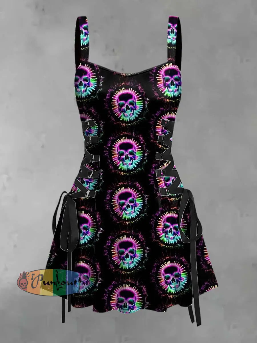 Women’s Retro Punk Hippie Colorful Skull Print Strappy Sleeveless Strappy Mini Dress Black / S