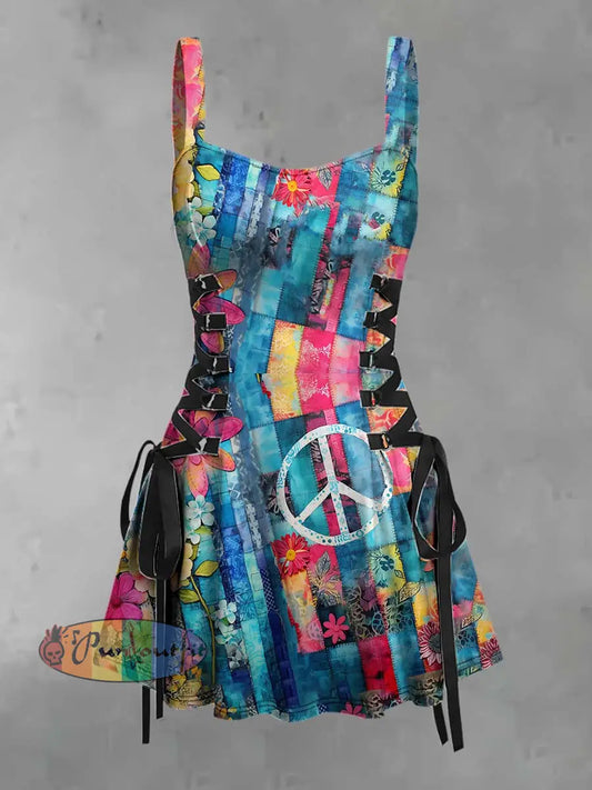 Women’s Retro Punk Hippie Floral Peace Patchwork Print Strappy Sleeveless Strappy Mini Dress Blue / S