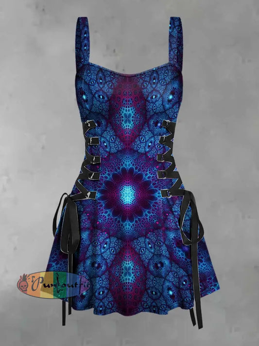 Women’s Retro Punk Hippie Gradient Fractal Kaleidoscope Print Strappy Sleeveless Strappy Mini Dress Blue / S
