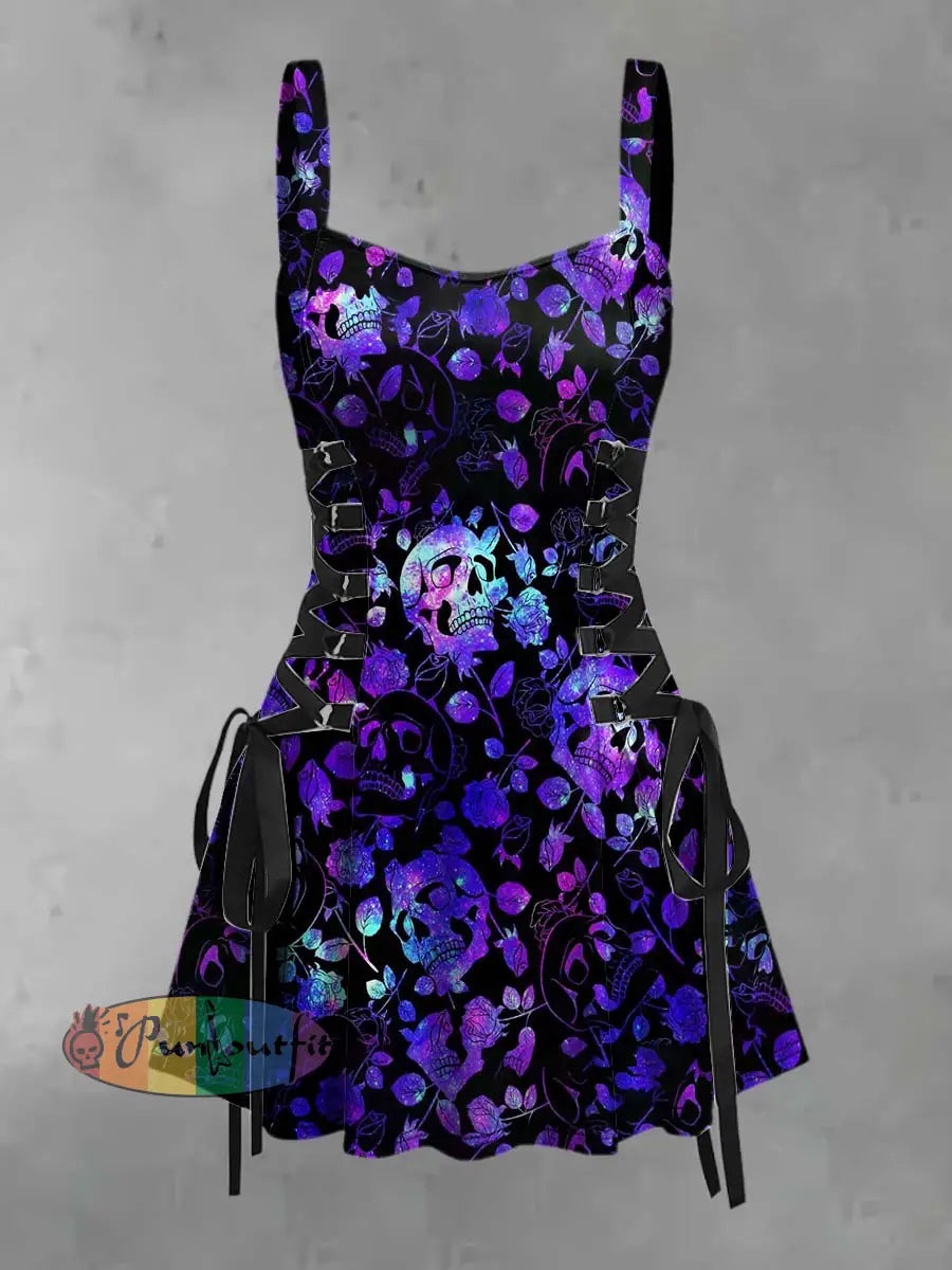 Women’s Retro Punk Hippie Gradient Purple Skull Floral Print Strappy Sleeveless Strappy Mini Dress Purple / S