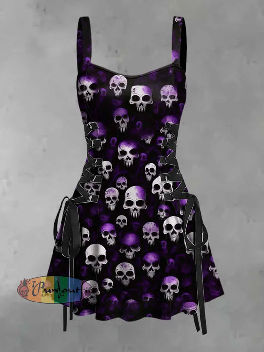Women’s Retro Punk Hippie Purple Skull Gradient Print Strappy Sleeveless Strappy Mini Dress Black / S
