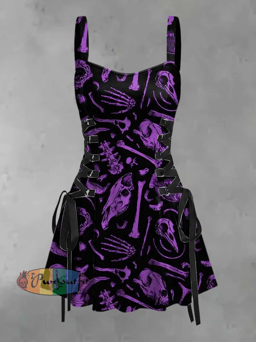 Women’s Retro Punk Hippie Purple Skull Print Strappy Sleeveless Strappy Mini Dress Black / S