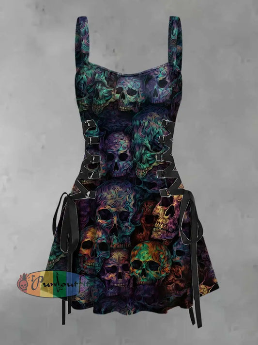 Women’s Retro Punk Hippie Smoke Colorful Skull Print Strappy Sleeveless Strappy Mini Dress Black / S