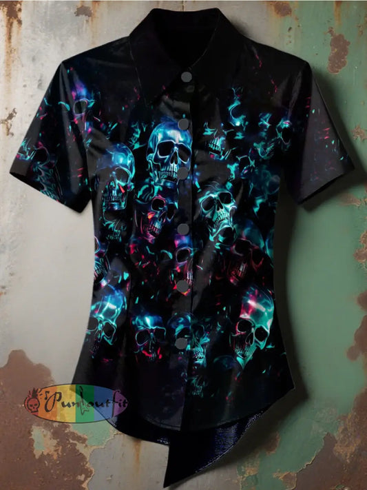 Women’s Retro Punk Stage Blue Gradient Skull Printed Casual Short Sleeve Irregular Shirt Black / S