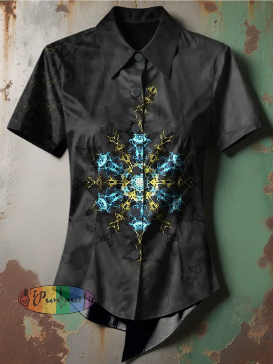 Women’s Retro Punk Stage Blue Lightning Printed Casual Short Sleeve Irregular Shirt Gray / S