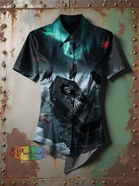 Women’s Retro Raven Dark Skull Printed Casual Short Sleeve Irregular Shirt Black / S