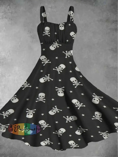 Women’s Retro Skull Art Pattern Printed Casual Fashion Strap Dress / S