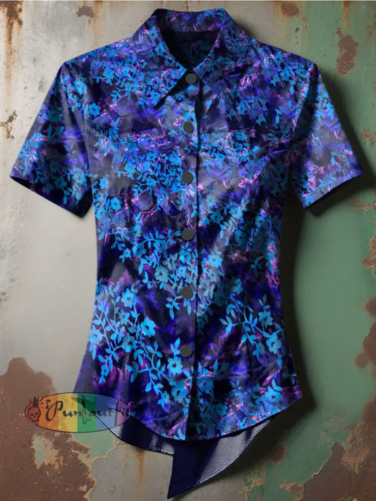 Women’s Retro Stage Gothic Gradient Floral Printed Casual Short Sleeve Irregular Shirt Blue / S