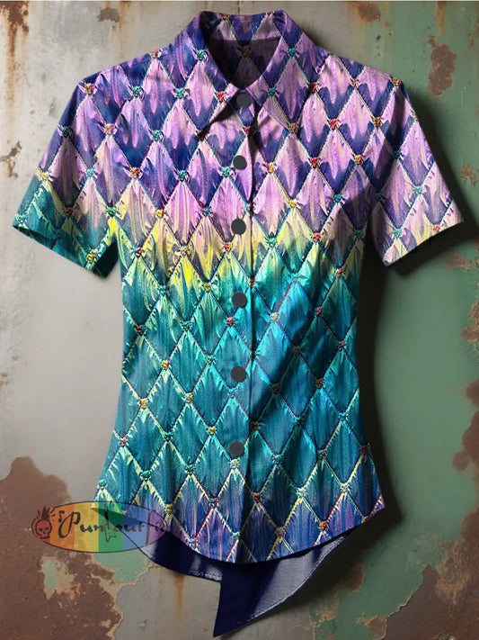 Women’s Retro Stage Gothic Gradient Multicolor Plaid Printed Casual Short Sleeve Irregular Shirt Multicolour / S