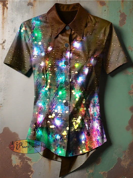 Women’s Retro Stage Gothic Gradient Multicolor Sequins Printed Casual Short Sleeve Irregular Shirt Brown / S
