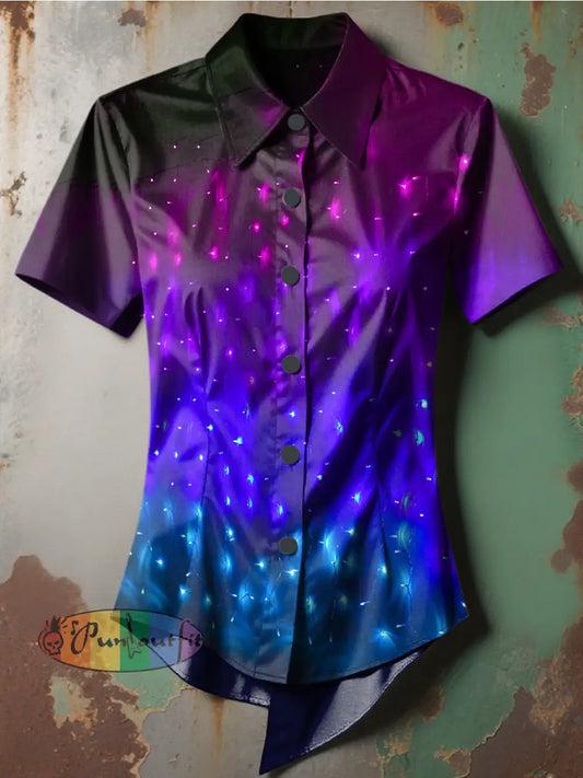 Women’s Retro Stage Gothic Gradient Multicolored Stars Printed Casual Short Sleeve Irregular Shirt Blue / S