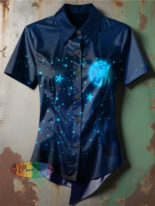 Women’s Retro Stage Gothic Gradient Stars and Moon Printed Casual Short Sleeve Irregular Shirt Blue / S