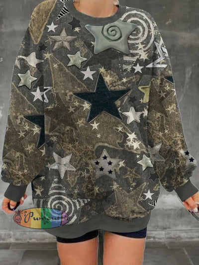 Women’s Retro Star Pattern Printed Casual And Fashionable Loose Round Neck Long Sleeved