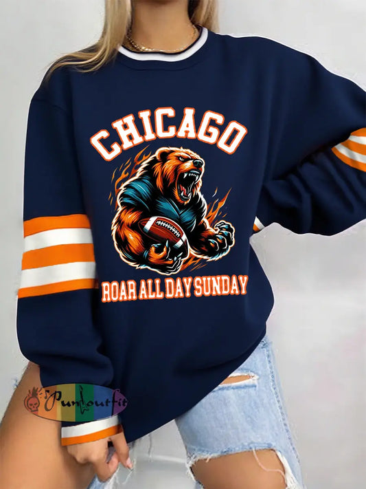 Women’s Roar All Day Sunday Football Fans Lovers Gameday Casual Sweatshirt Navy Blue / S
