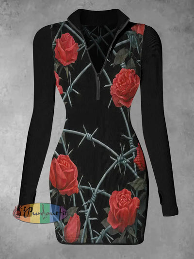 Women’s Rose Abstract Print Casual Long Sleeve Mini Dress Black / S