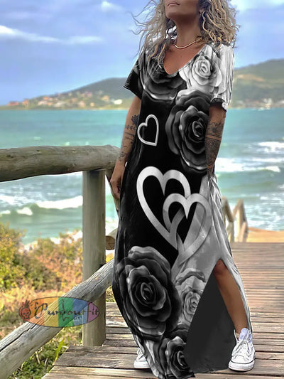 Women’s Rose And Heart Print Design Short Sleeve Maxi Dress Black / S