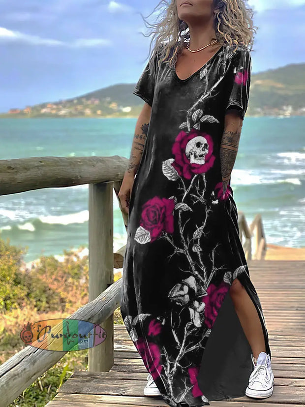 Women’s Rose And Skull Print Design Short Sleeve Maxi Dress Black / S