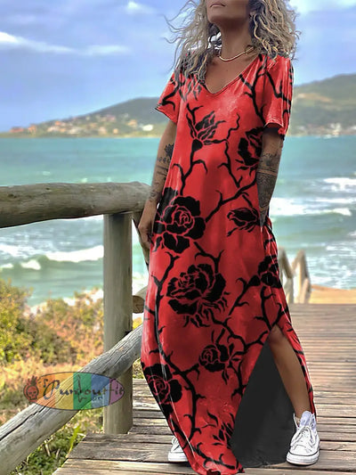 Women’s Rose Silhouette Print Design Short Sleeve Maxi Dress Red / S