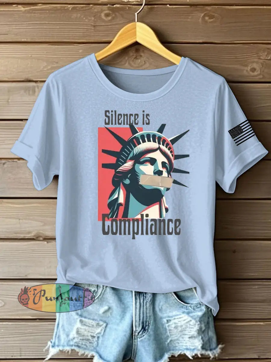 Women’s silece is complience Printed Iron On Short Sleeve T-Shirt Sky Blue / S
