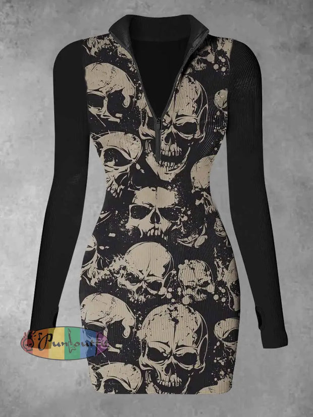 Women’s Skull Abstract Print Casual Long Sleeve Mini Dress Black / S