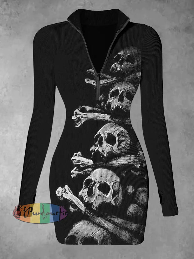 Women’s Skull Abstract Print Casual Long Sleeve Mini Dress Black / S